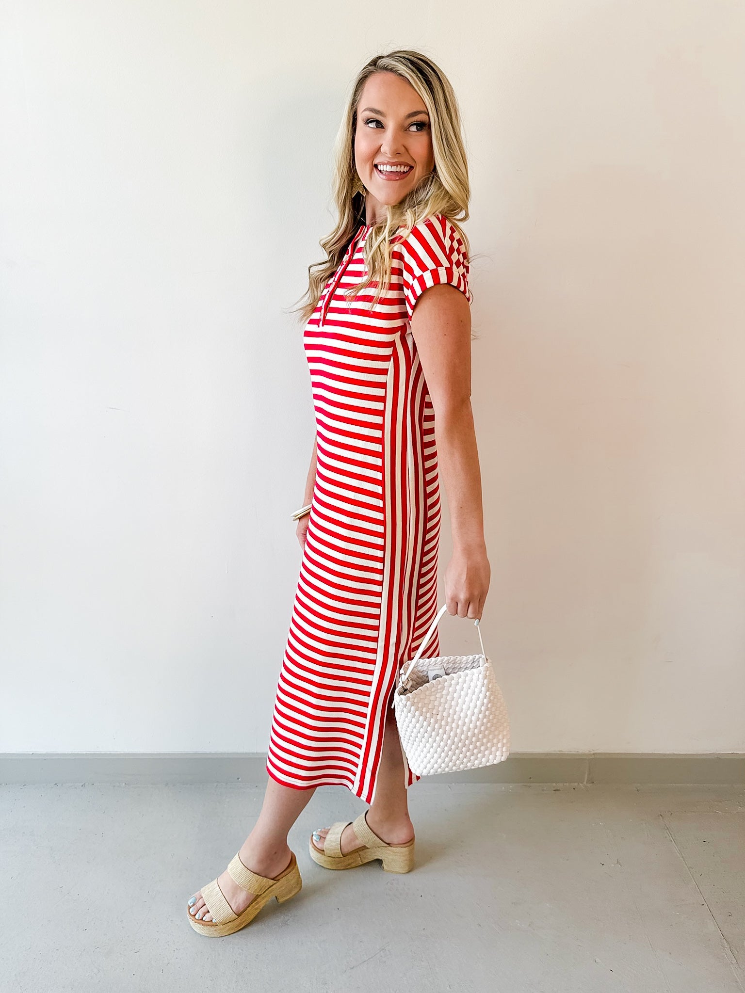 Striped Henley Knit Midi Dress - Red