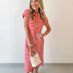 Striped Henley Knit Midi Dress - Red