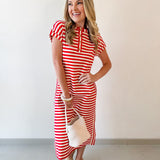 Striped Henley Knit Midi Dress - Red