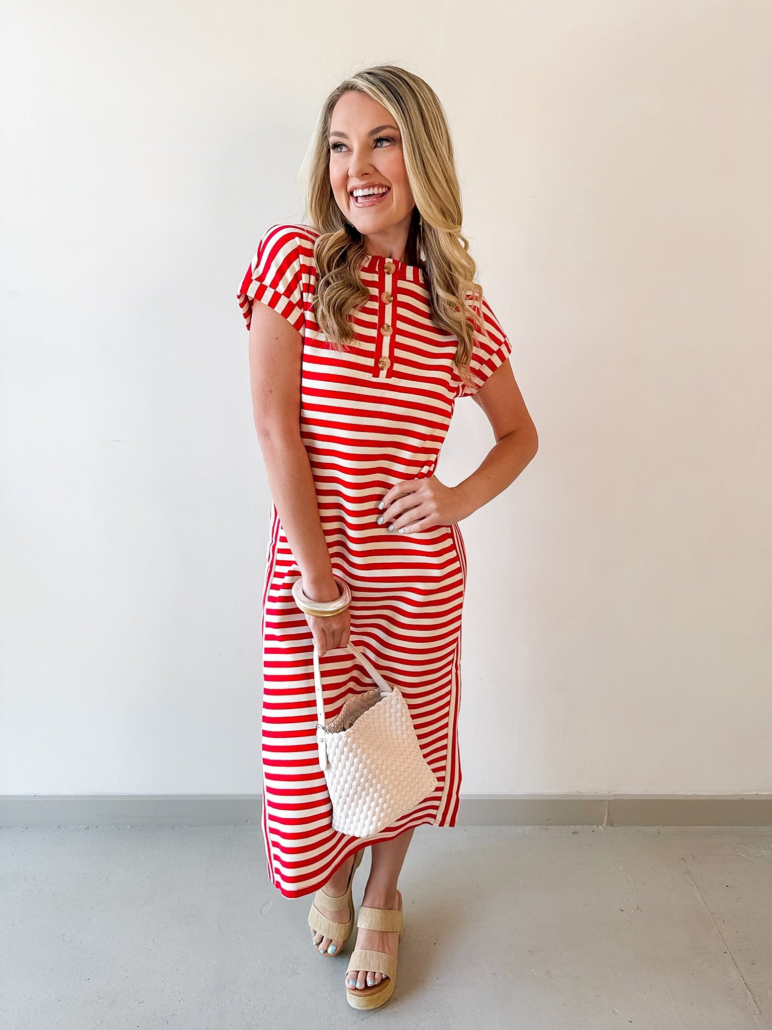 Striped Henley Knit Midi Dress - Red