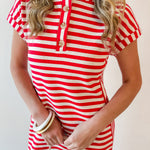 Striped Henley Knit Midi Dress - Red