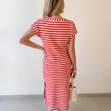 Striped Henley Knit Midi Dress - Red