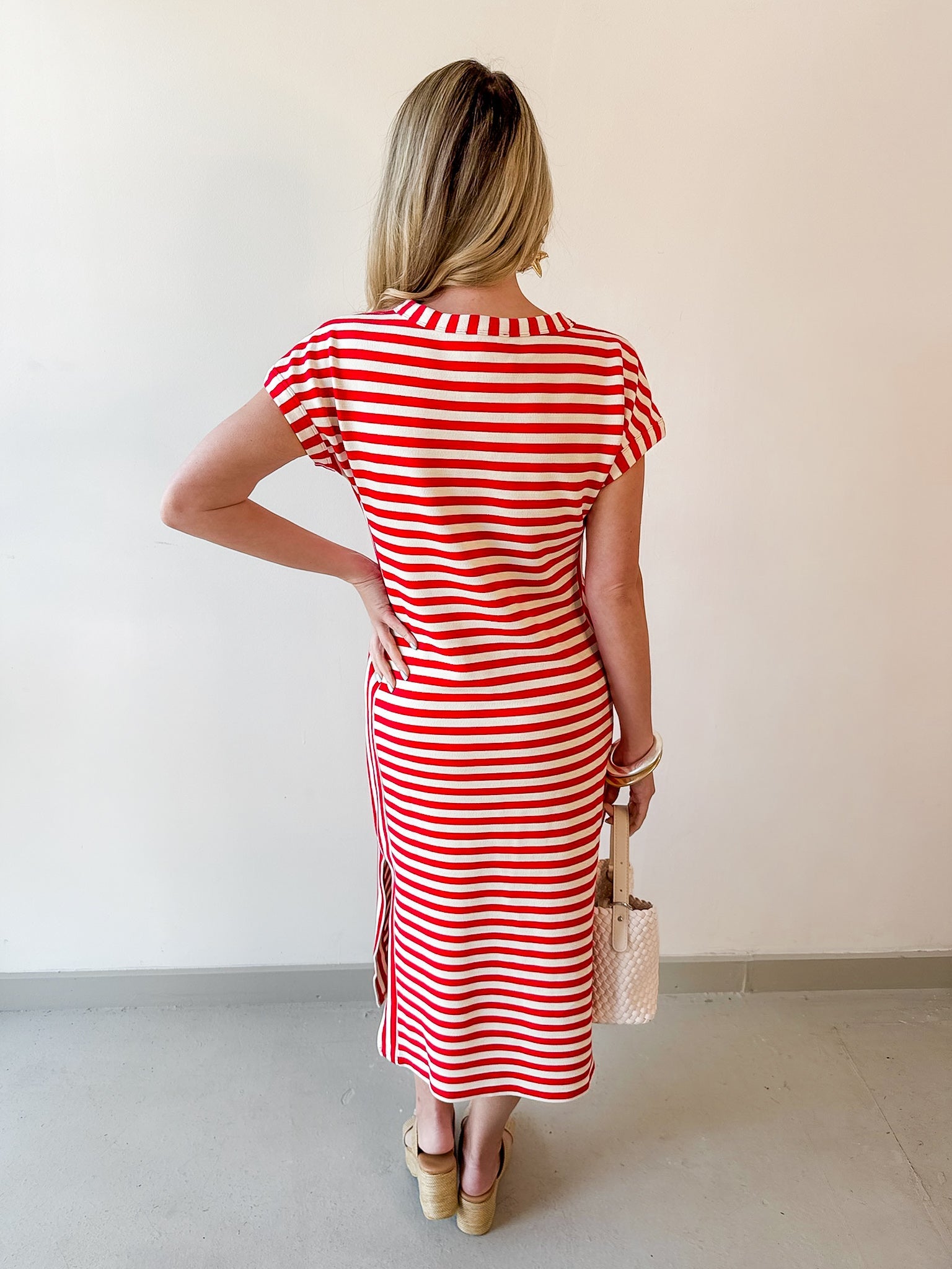Striped Henley Knit Midi Dress - Red
