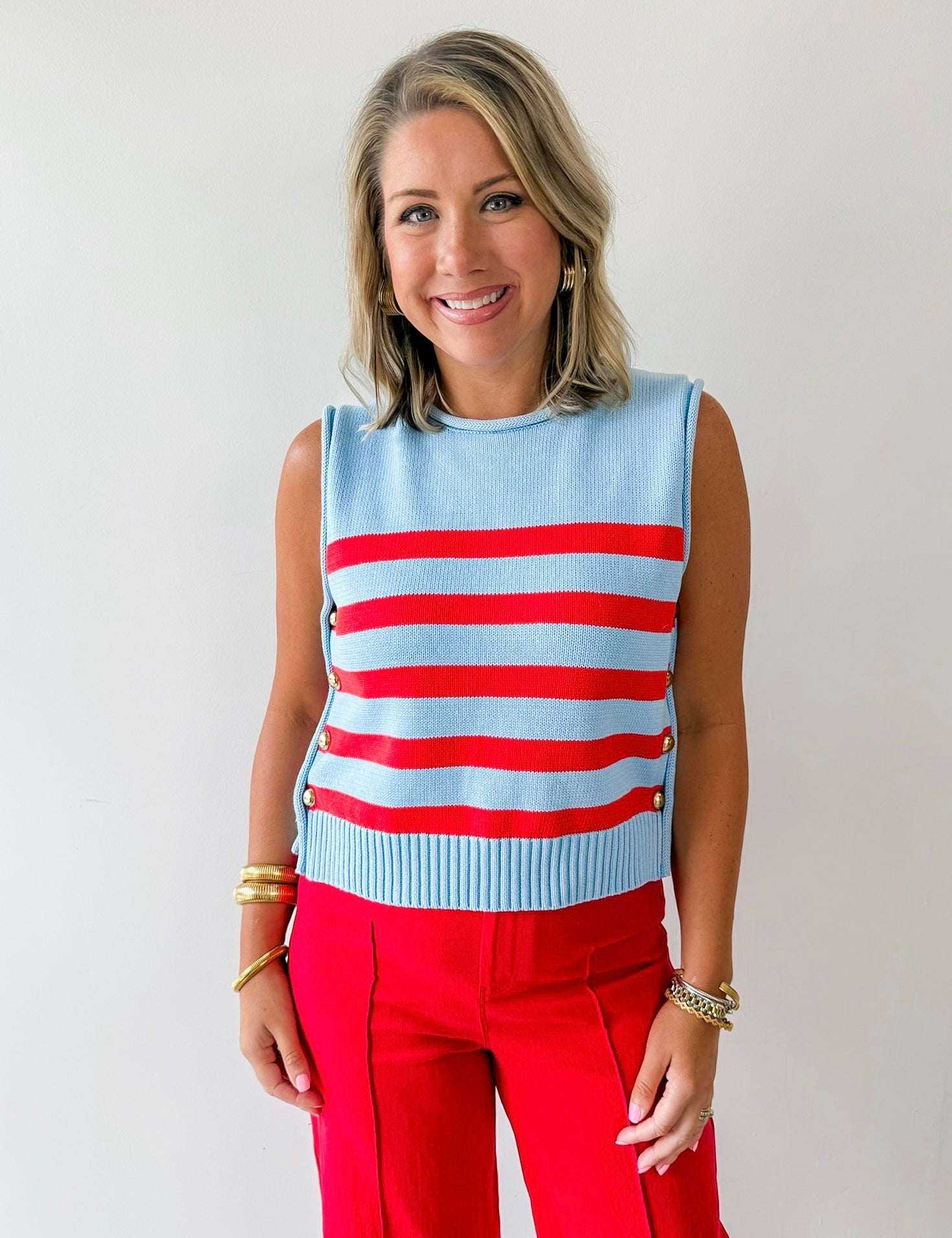 Striped Knit Top with Gold Buttons