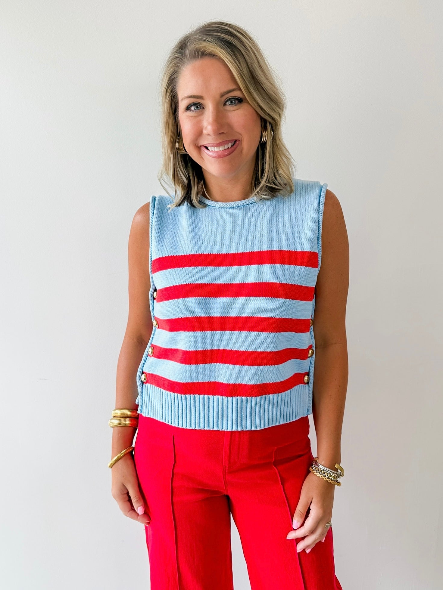 Striped Knit Top with Gold Buttons