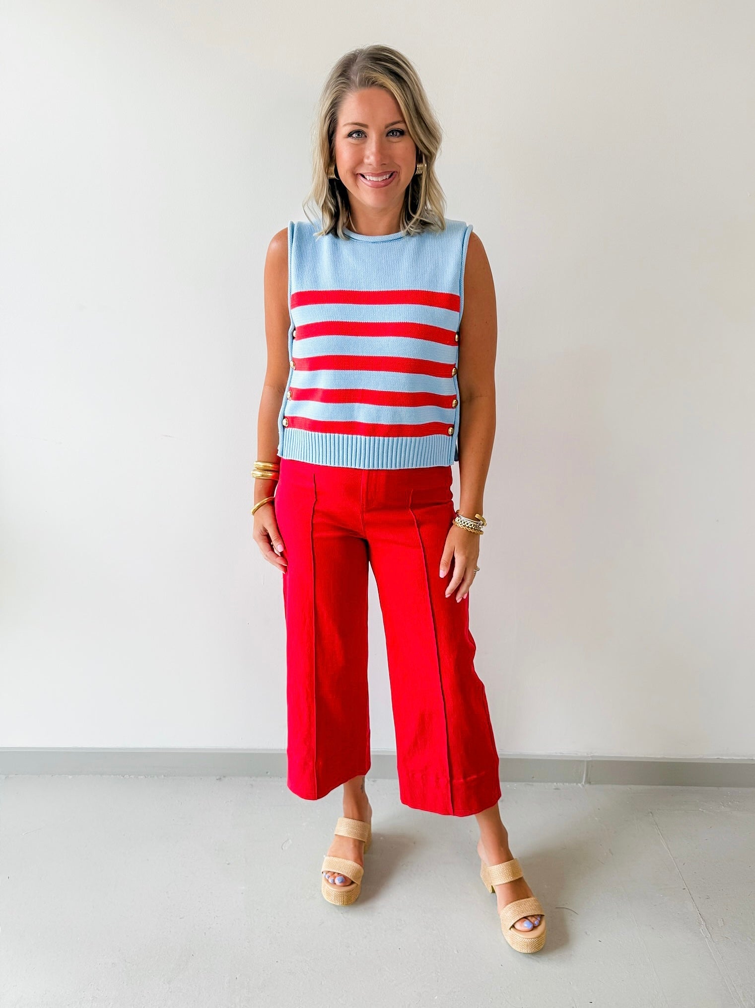Striped Knit Top with Gold Buttons