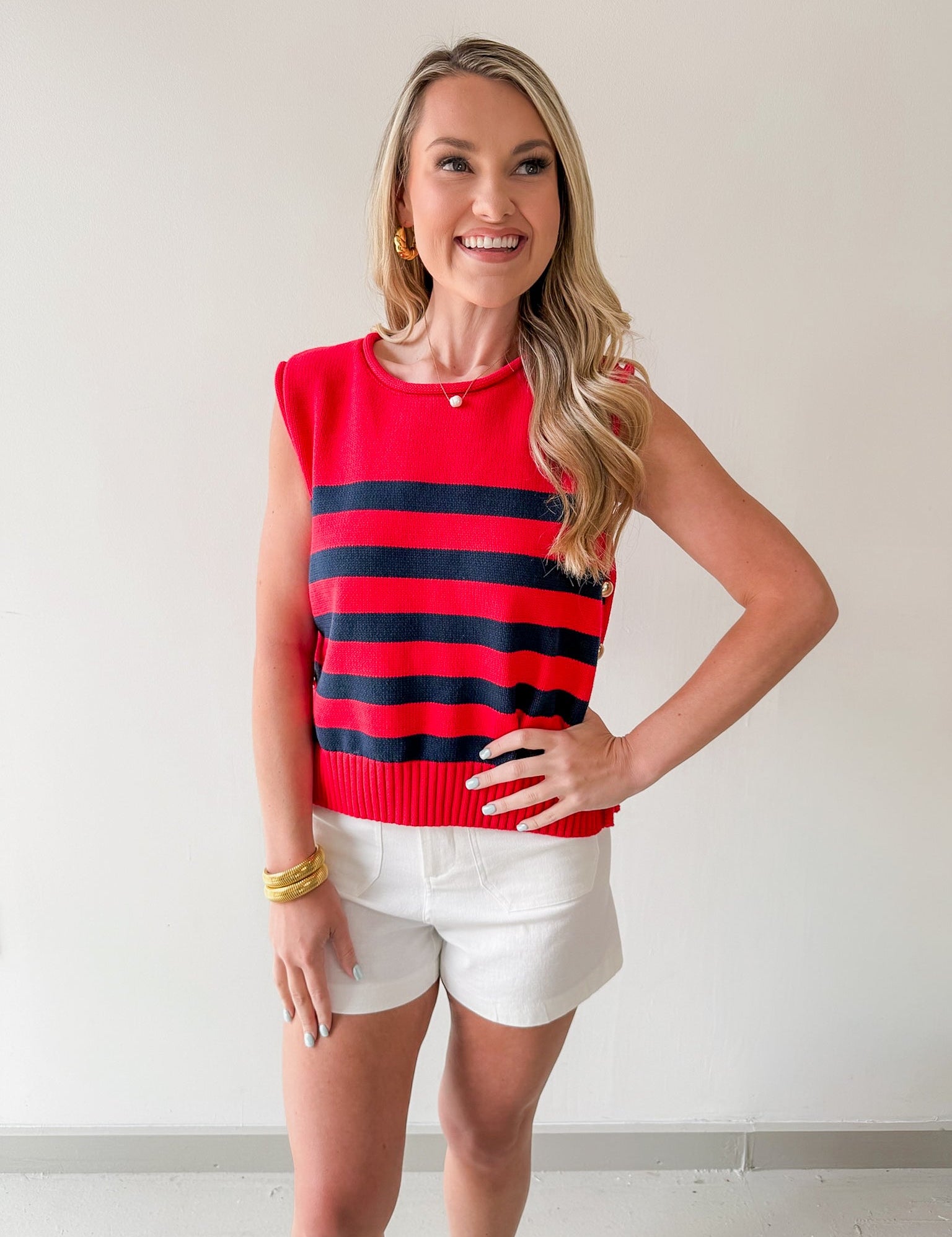 Striped Knit Top with Gold Buttons