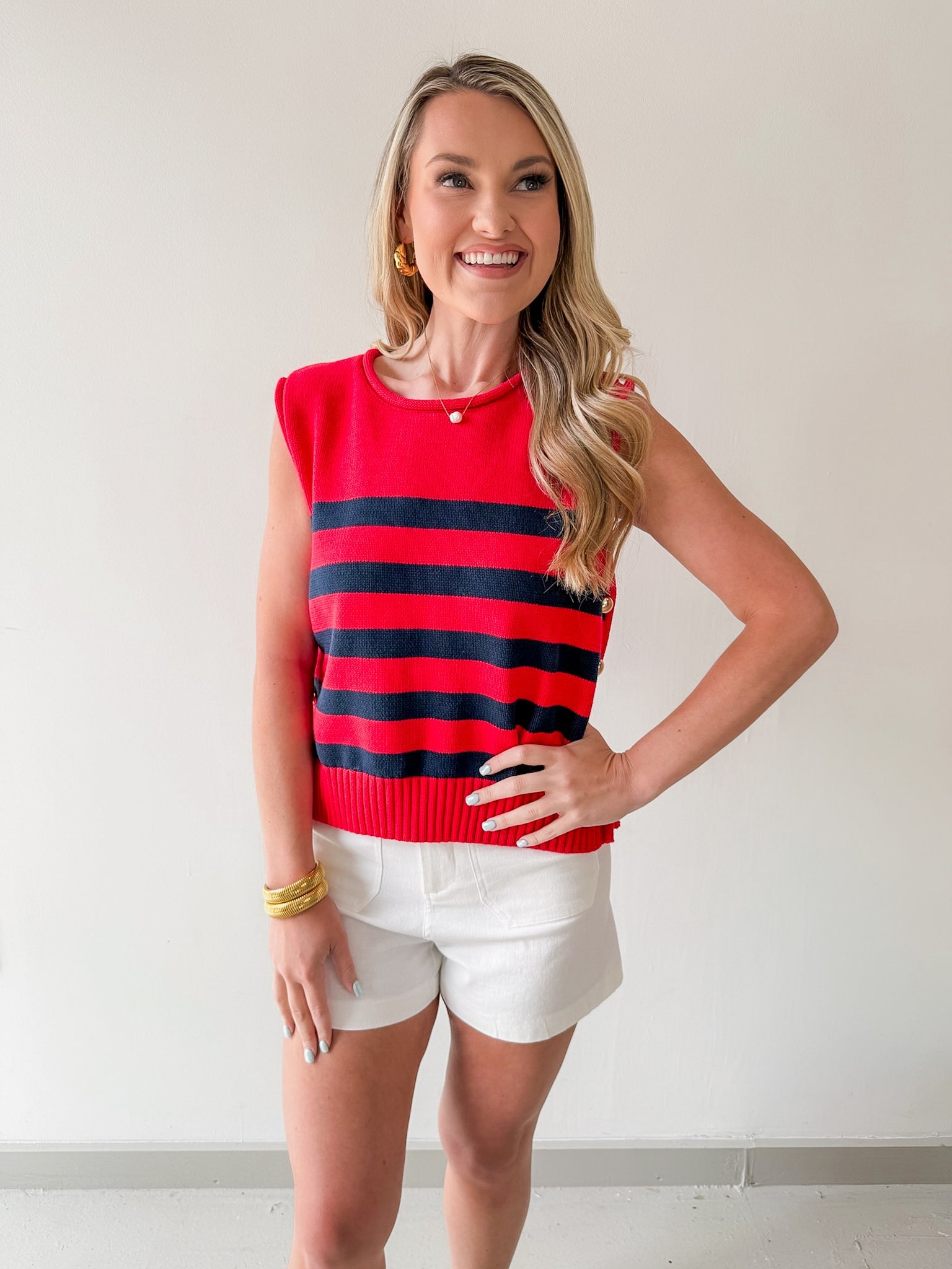 Striped Knit Top with Gold Buttons