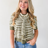 Striped Knit Top with Overlay - Olive