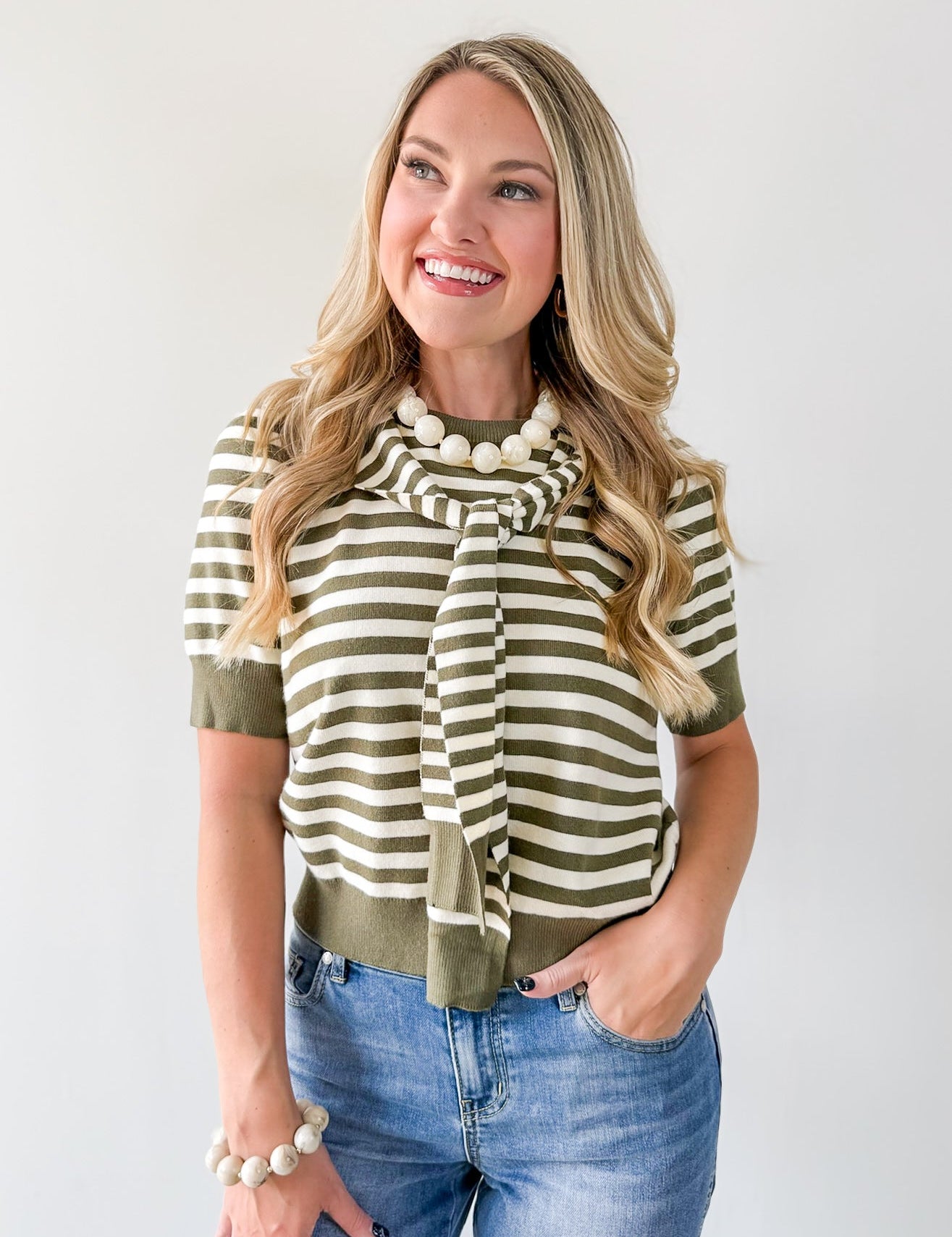 Striped Knit Top with Overlay - Olive