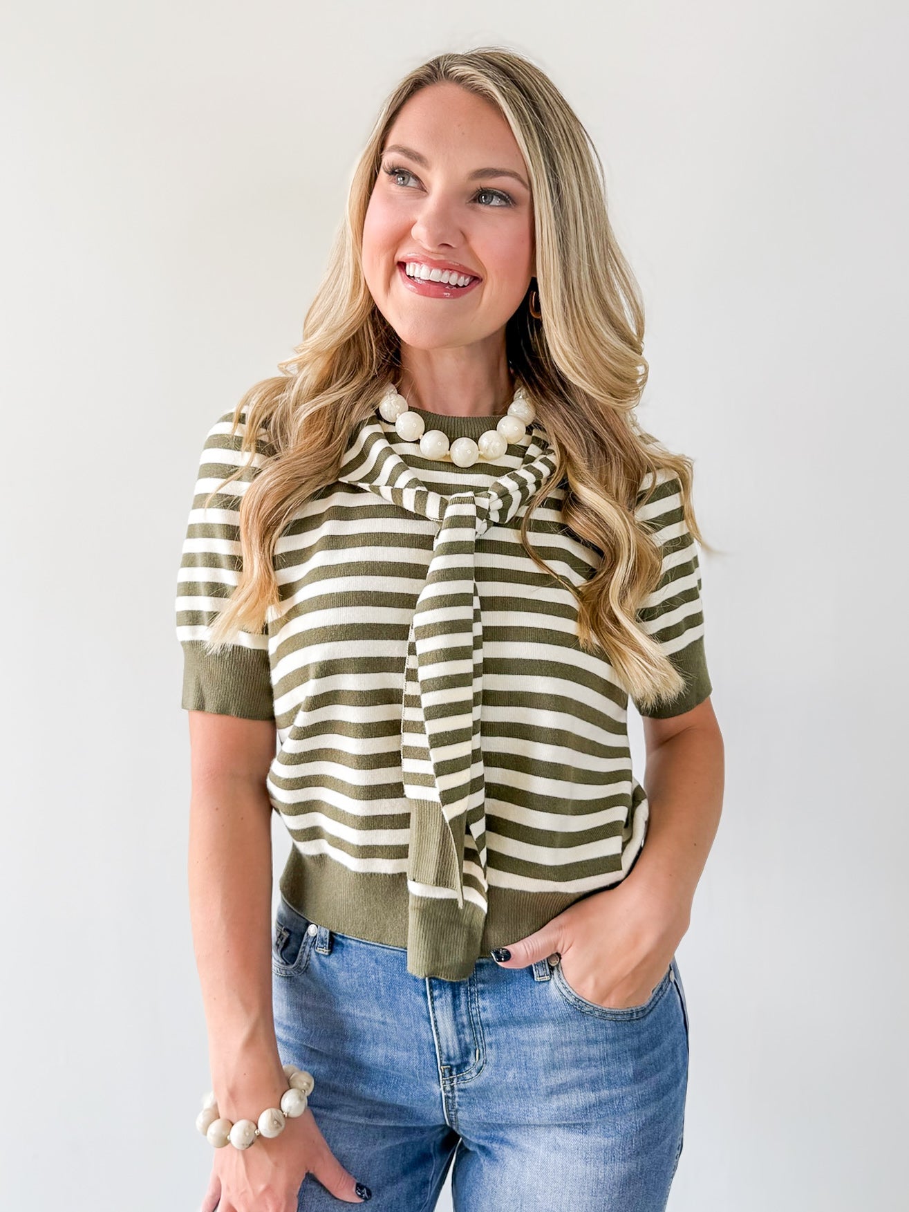 Striped Knit Top with Overlay - Olive