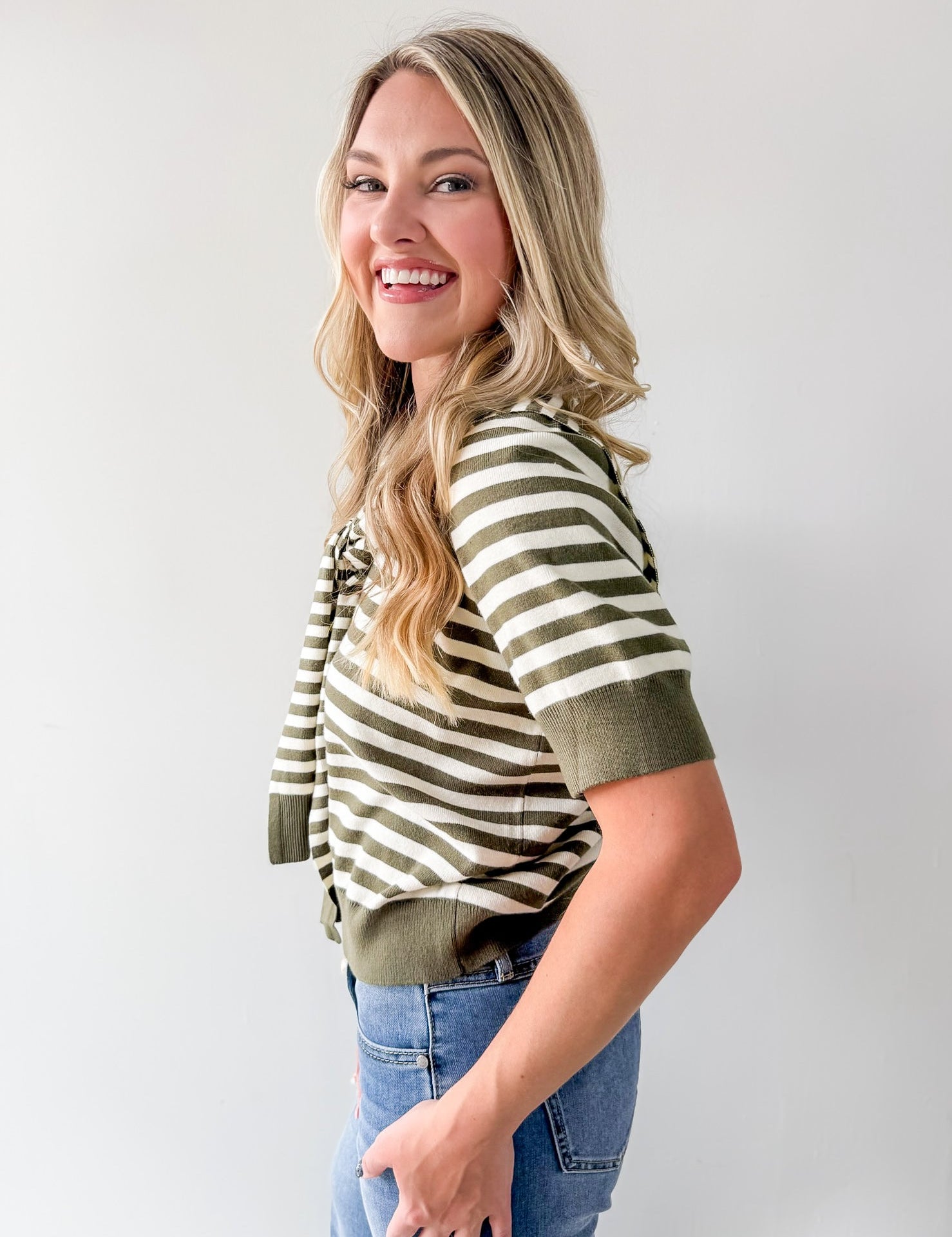 Striped Knit Top with Overlay - Olive