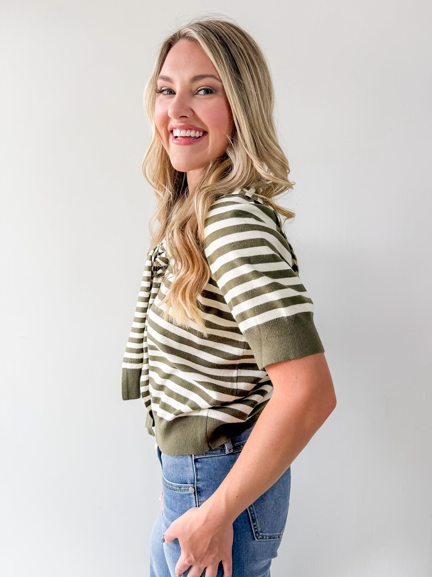Striped Knit Top with Overlay - Olive