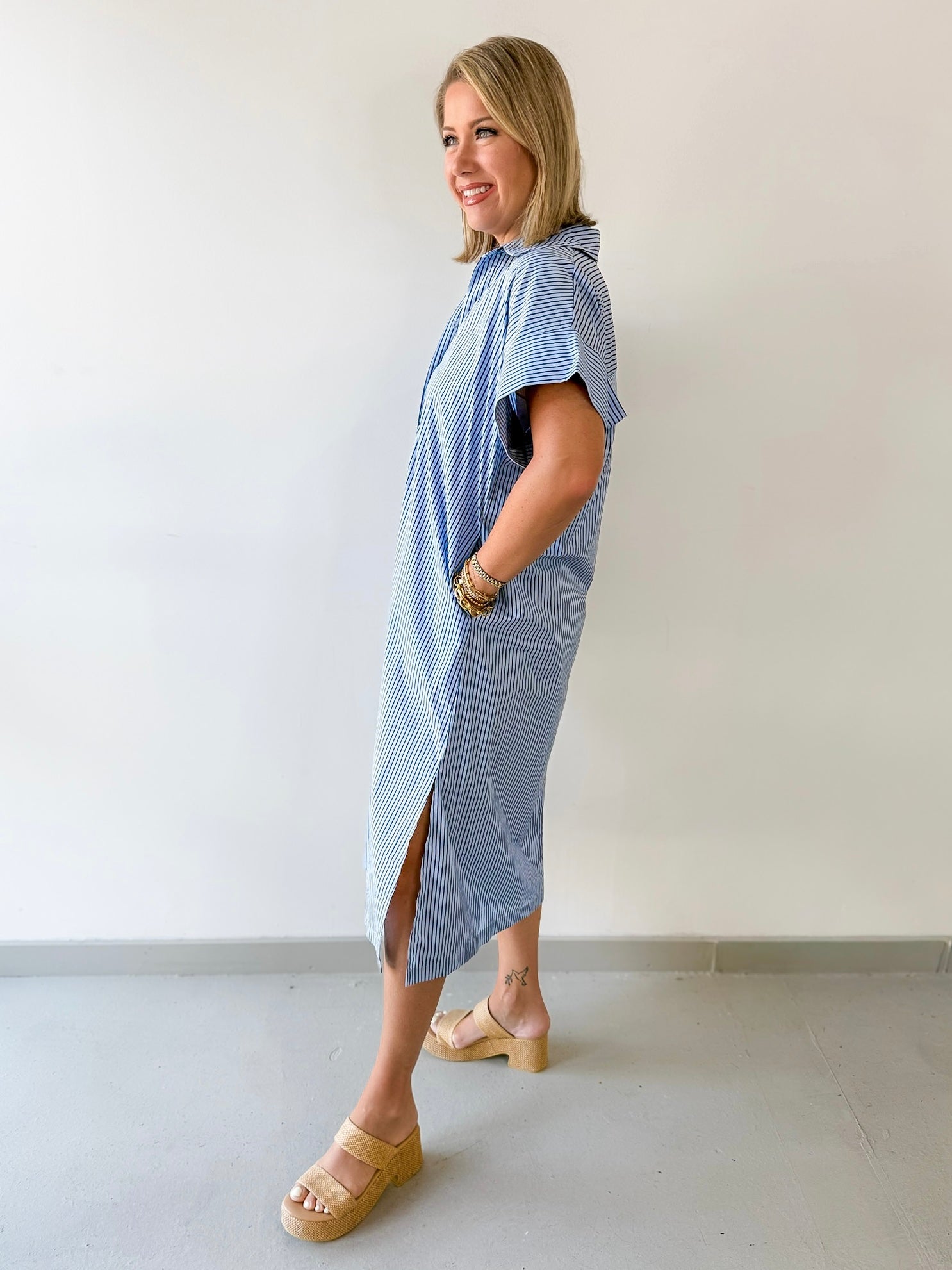 Striped Midi Dress - Dusty Blue