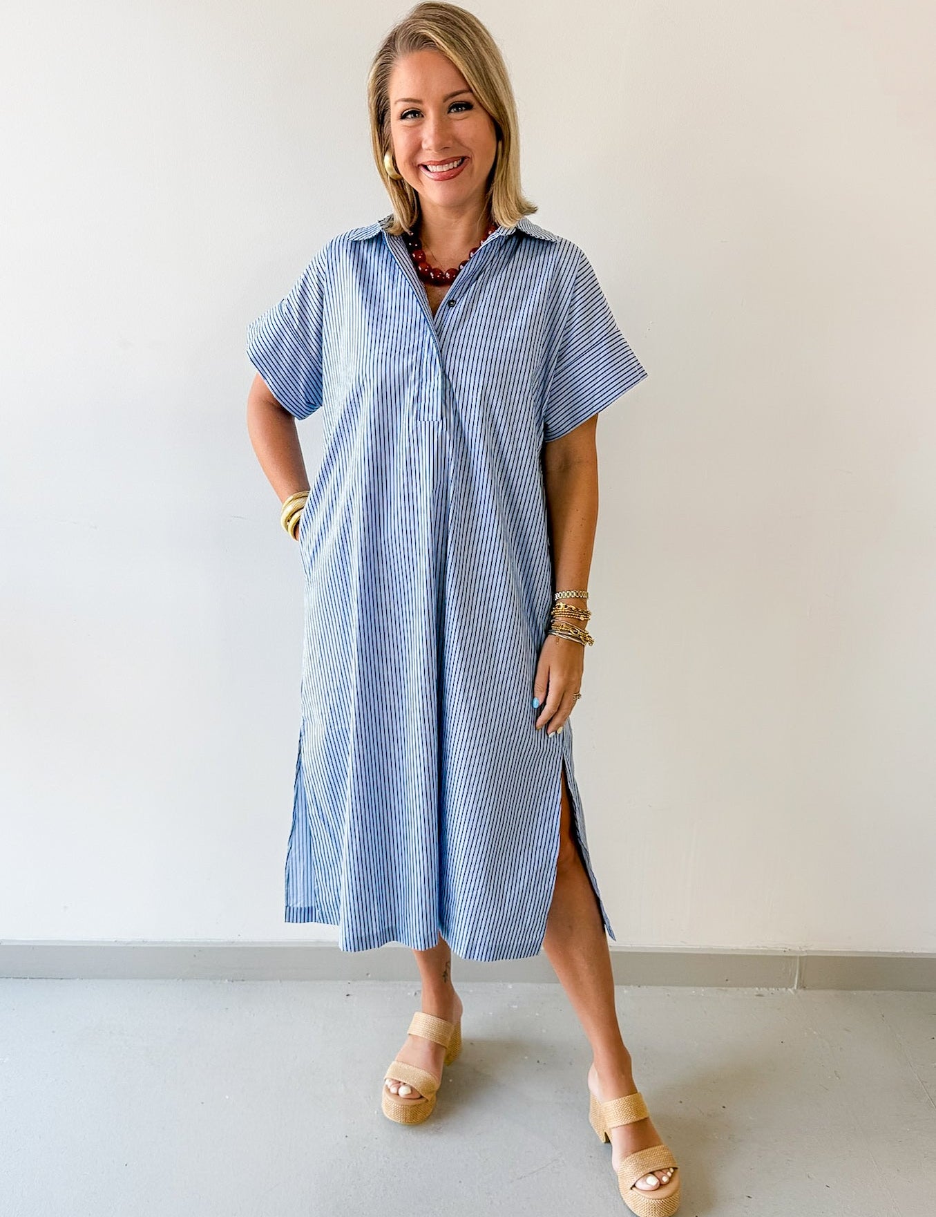Striped Midi Dress - Dusty Blue