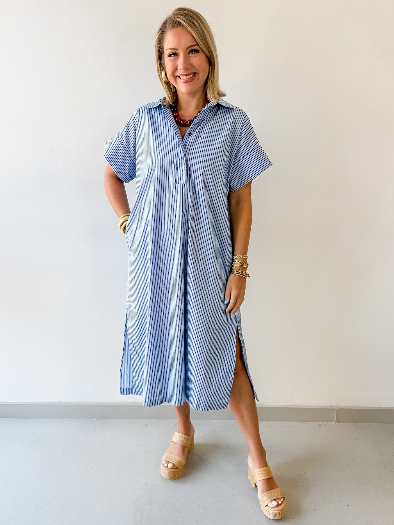 Striped Midi Dress - Dusty Blue