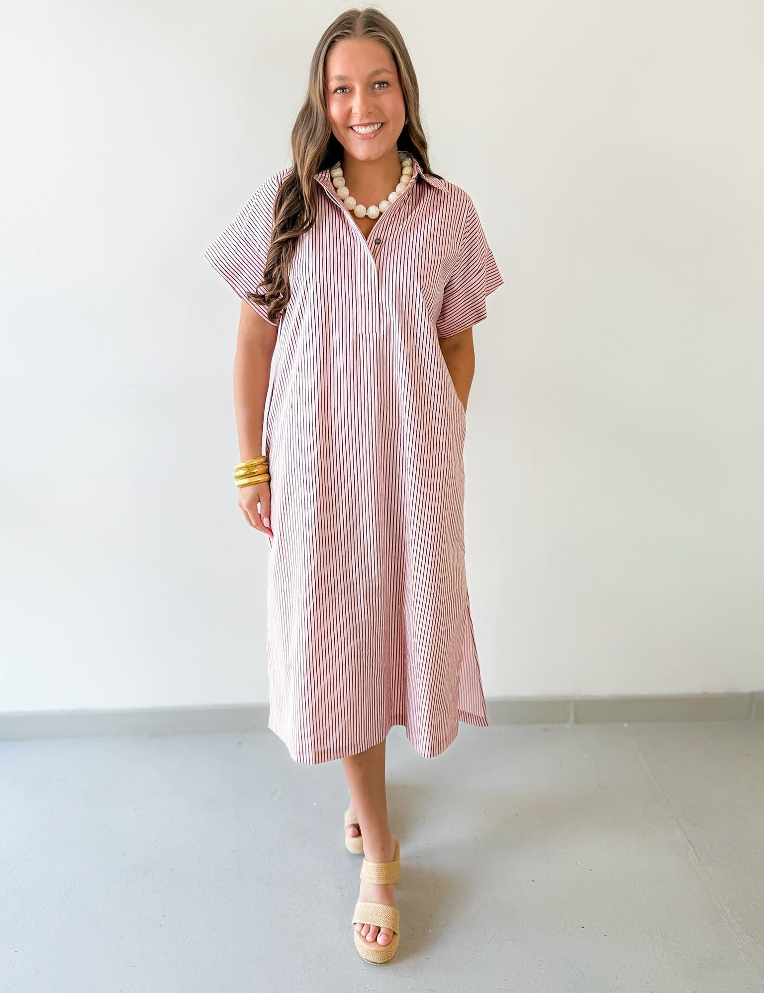 Striped Midi Dress - Pink Brown