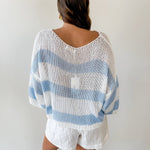 Striped Open Knit Crochet Top - White/Blue