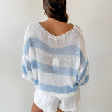 Striped Open Knit Crochet Top - White/Blue