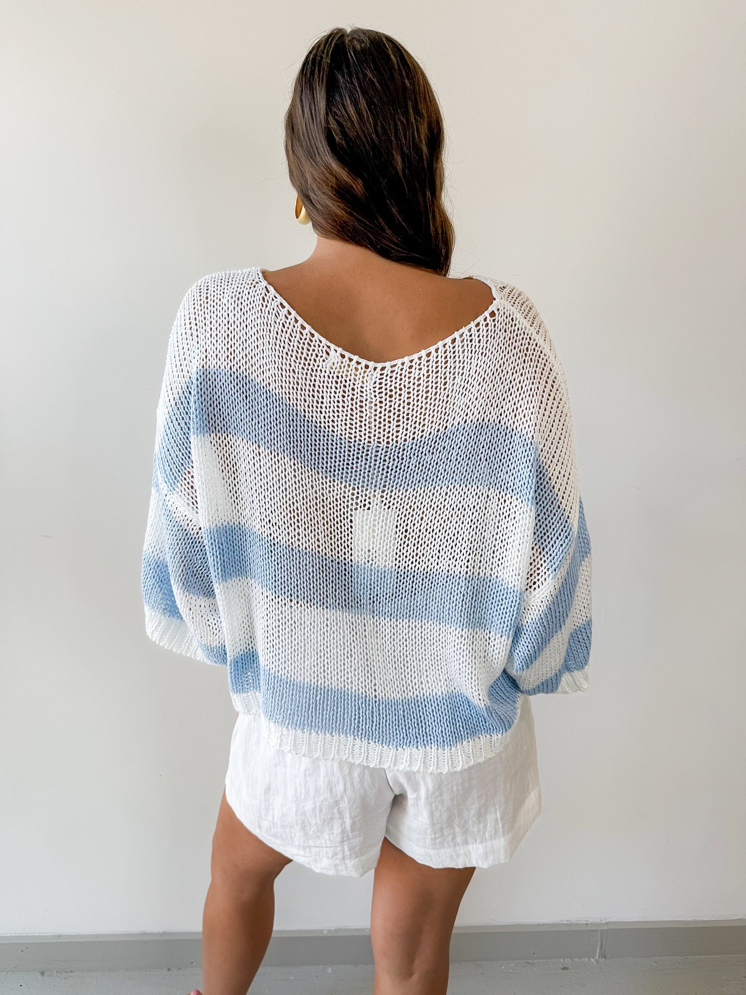 Striped Open Knit Crochet Top - White/Blue