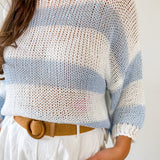 Striped Open Knit Crochet Top - White/Blue