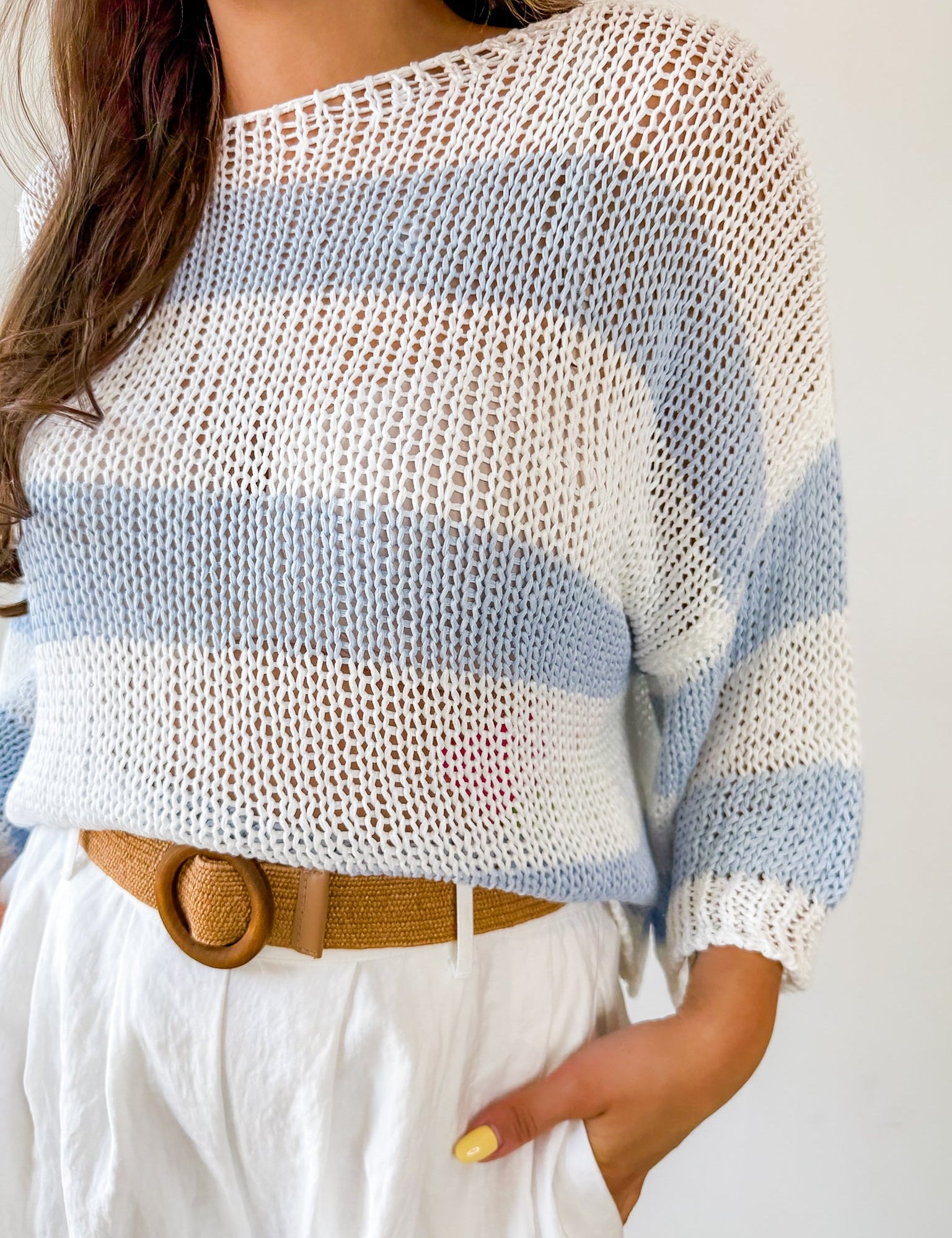 Striped Open Knit Crochet Top - White/Blue