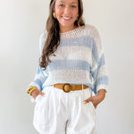 Striped Open Knit Crochet Top - White/Blue