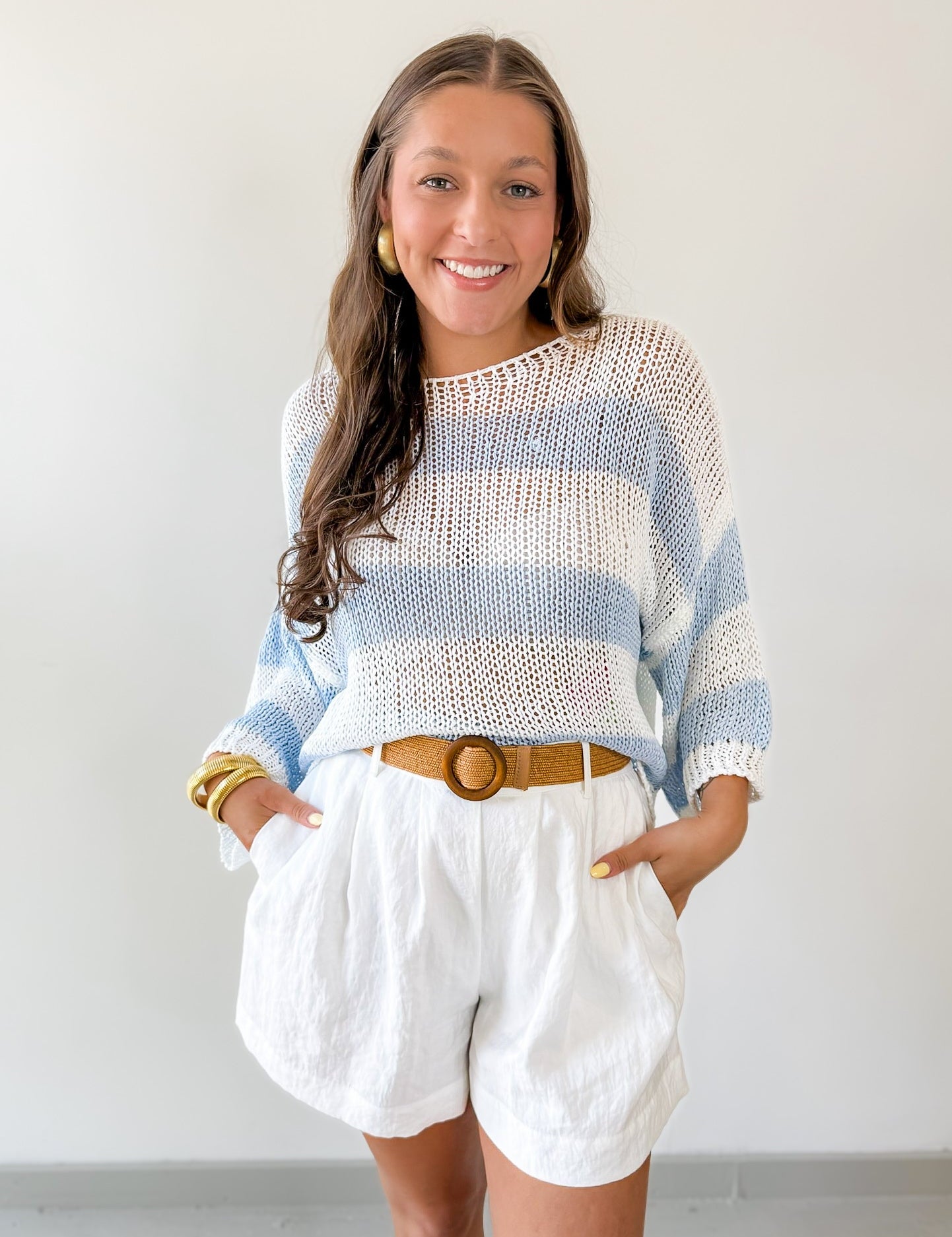 Striped Open Knit Crochet Top - White/Blue