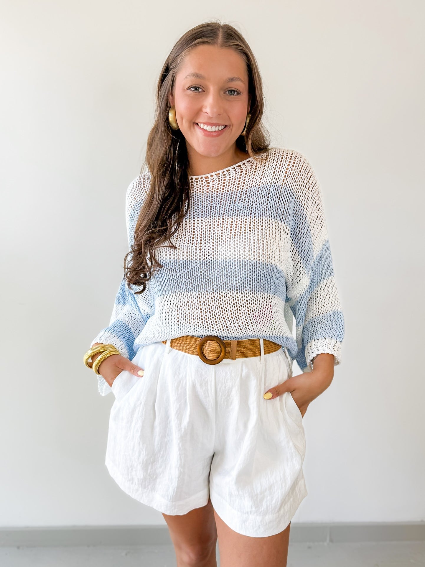 Striped Open Knit Crochet Top - White/Blue