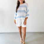 Striped Open Knit Crochet Top - White/Blue