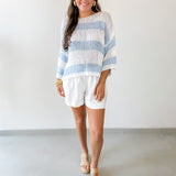 Striped Open Knit Crochet Top - White/Blue