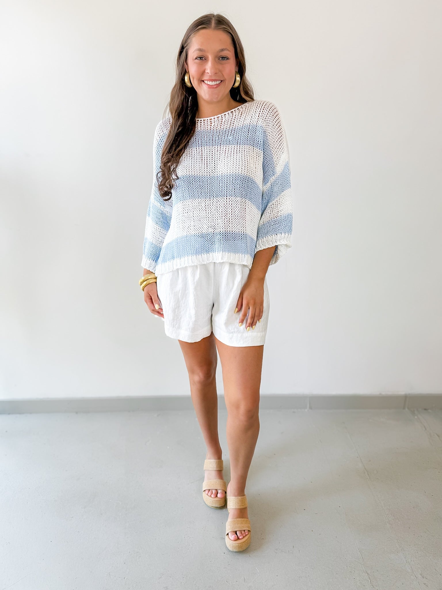 Striped Open Knit Crochet Top - White/Blue