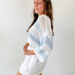 Striped Open Knit Crochet Top - White/Blue