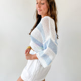 Striped Open Knit Crochet Top - White/Blue