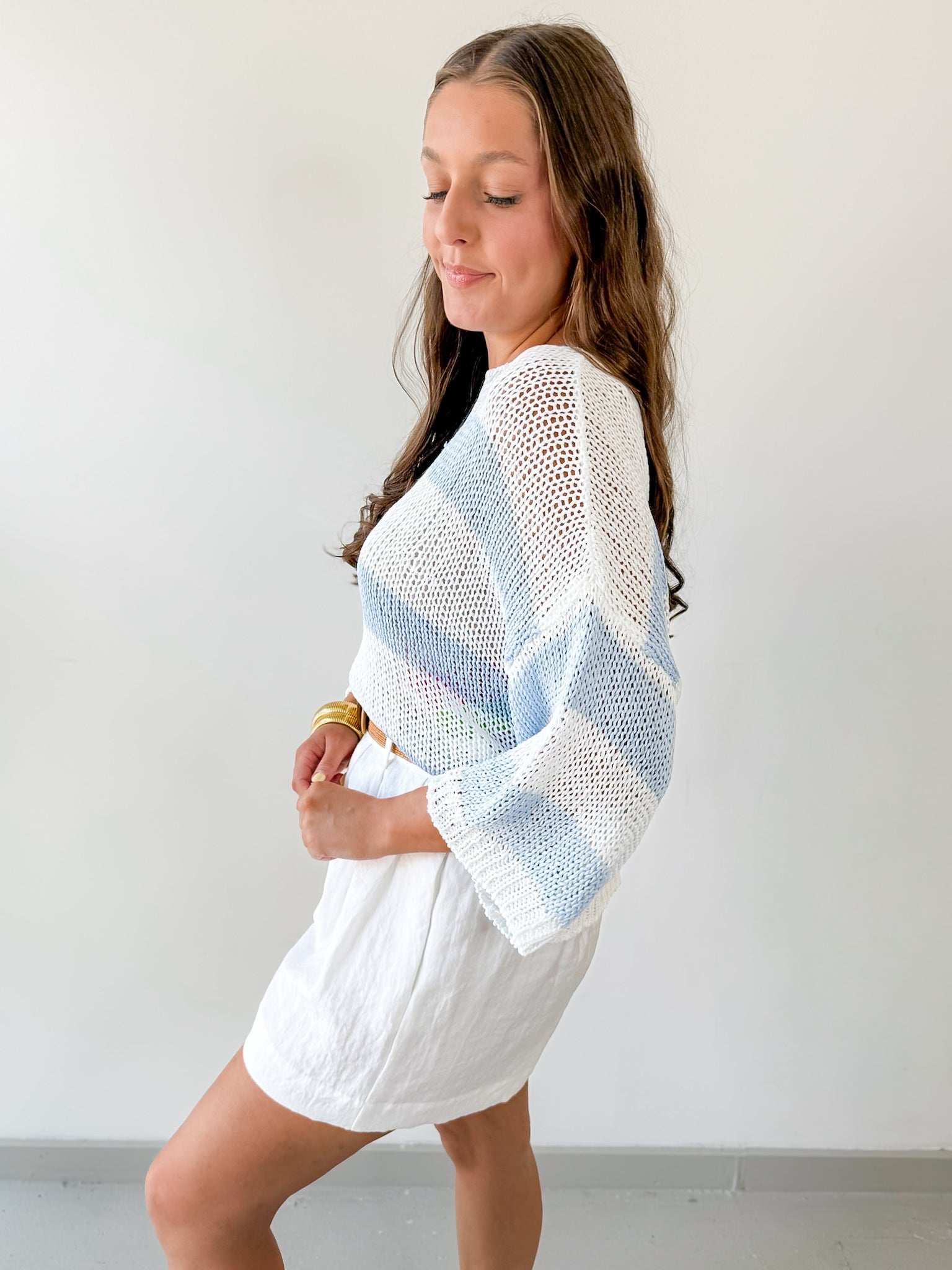 Striped Open Knit Crochet Top - White/Blue