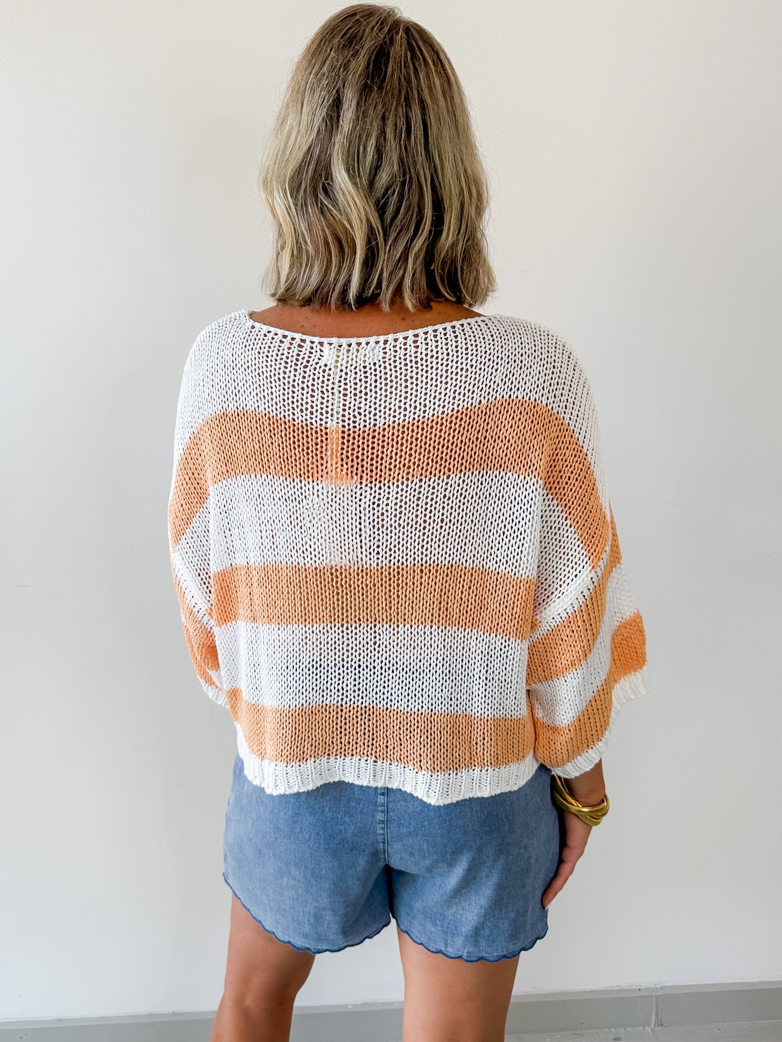 Striped Open Knit Crochet Top - White/Tangerine