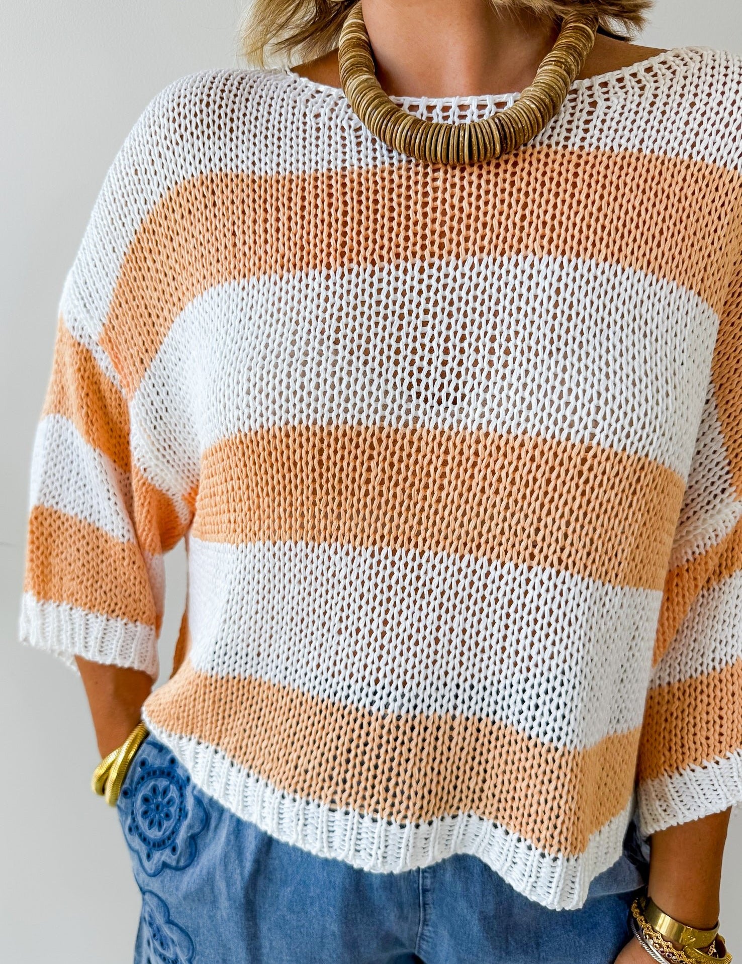 Striped Open Knit Crochet Top - White/Tangerine