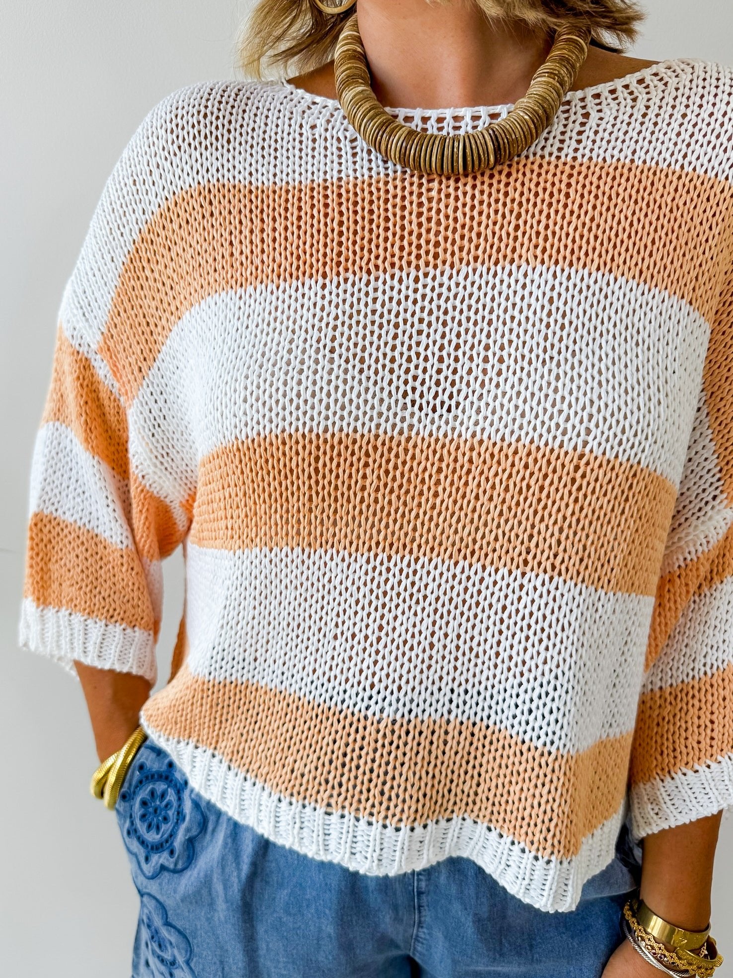 Striped Open Knit Crochet Top - White/Tangerine
