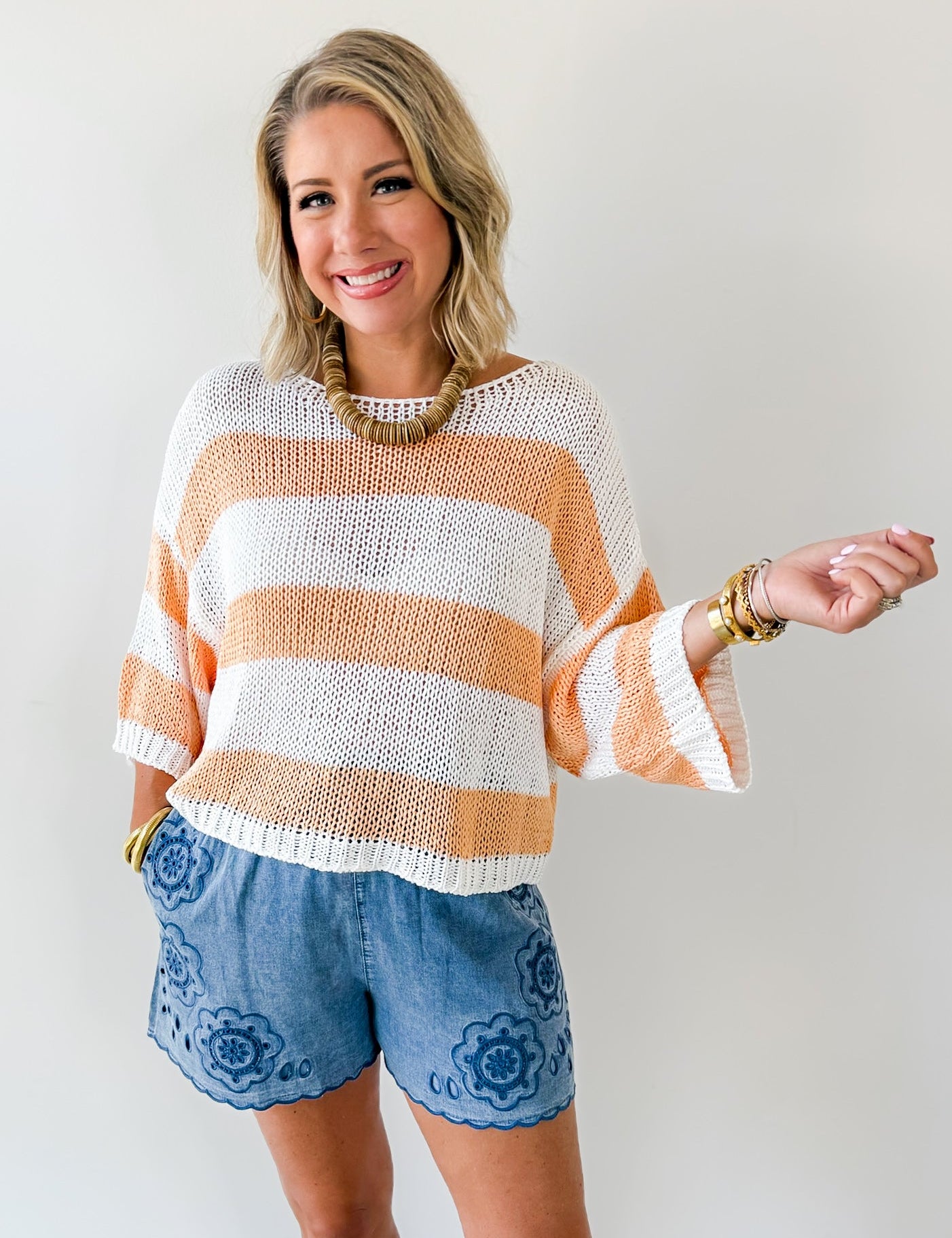 Striped Open Knit Crochet Top - White/Tangerine
