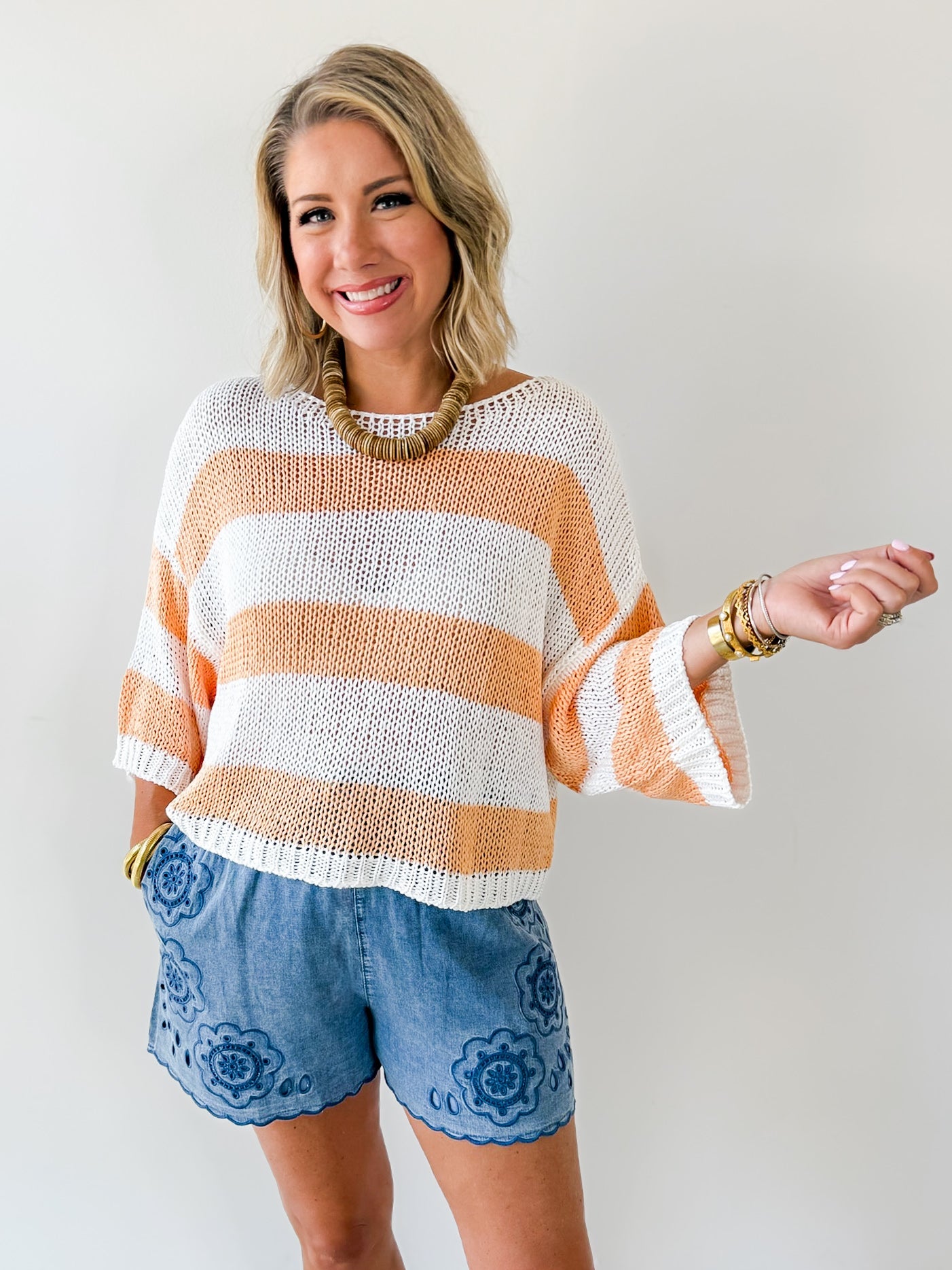 Striped Open Knit Crochet Top - White/Tangerine