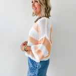 Striped Open Knit Crochet Top - White/Tangerine