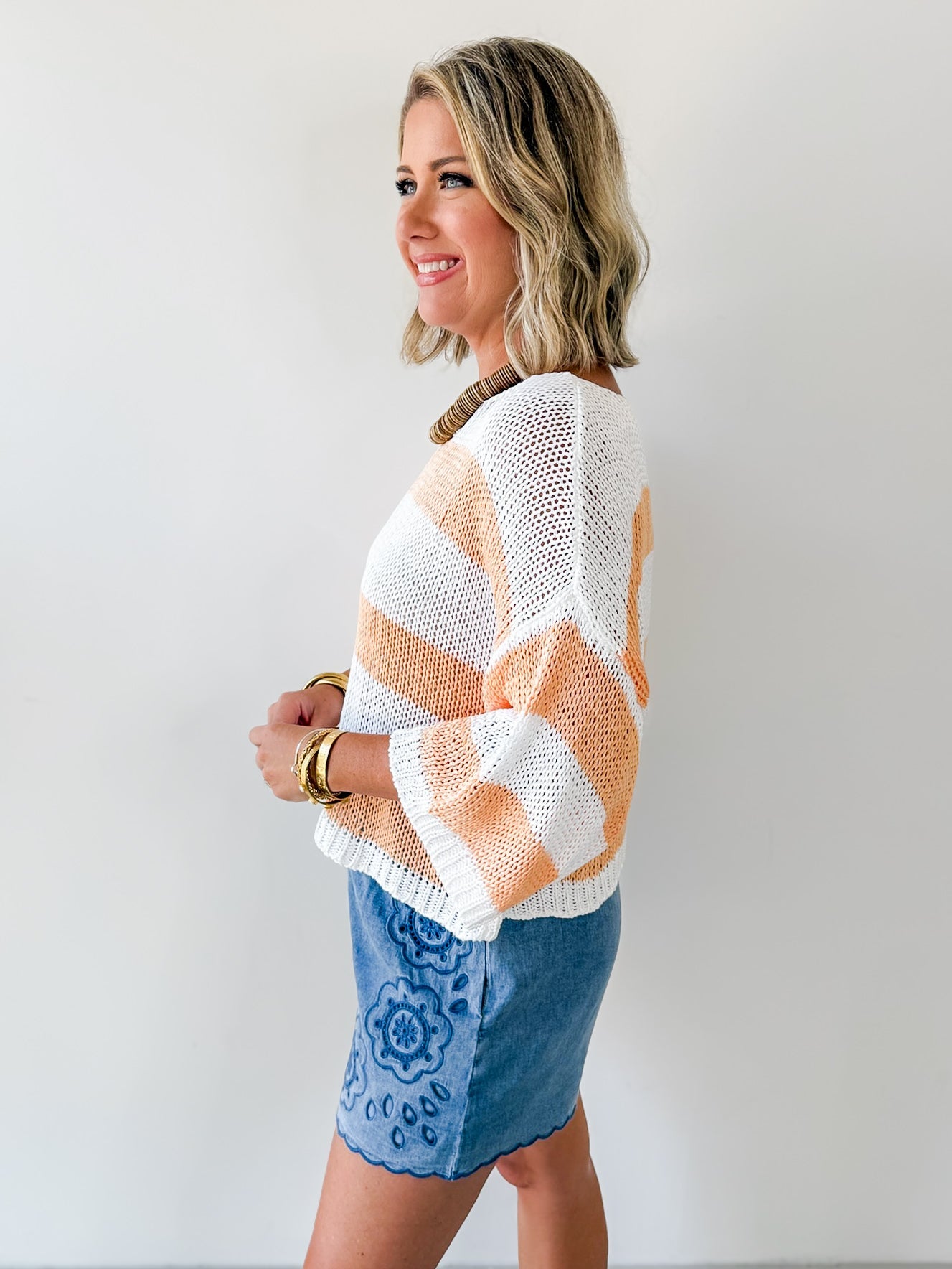 Striped Open Knit Crochet Top - White/Tangerine