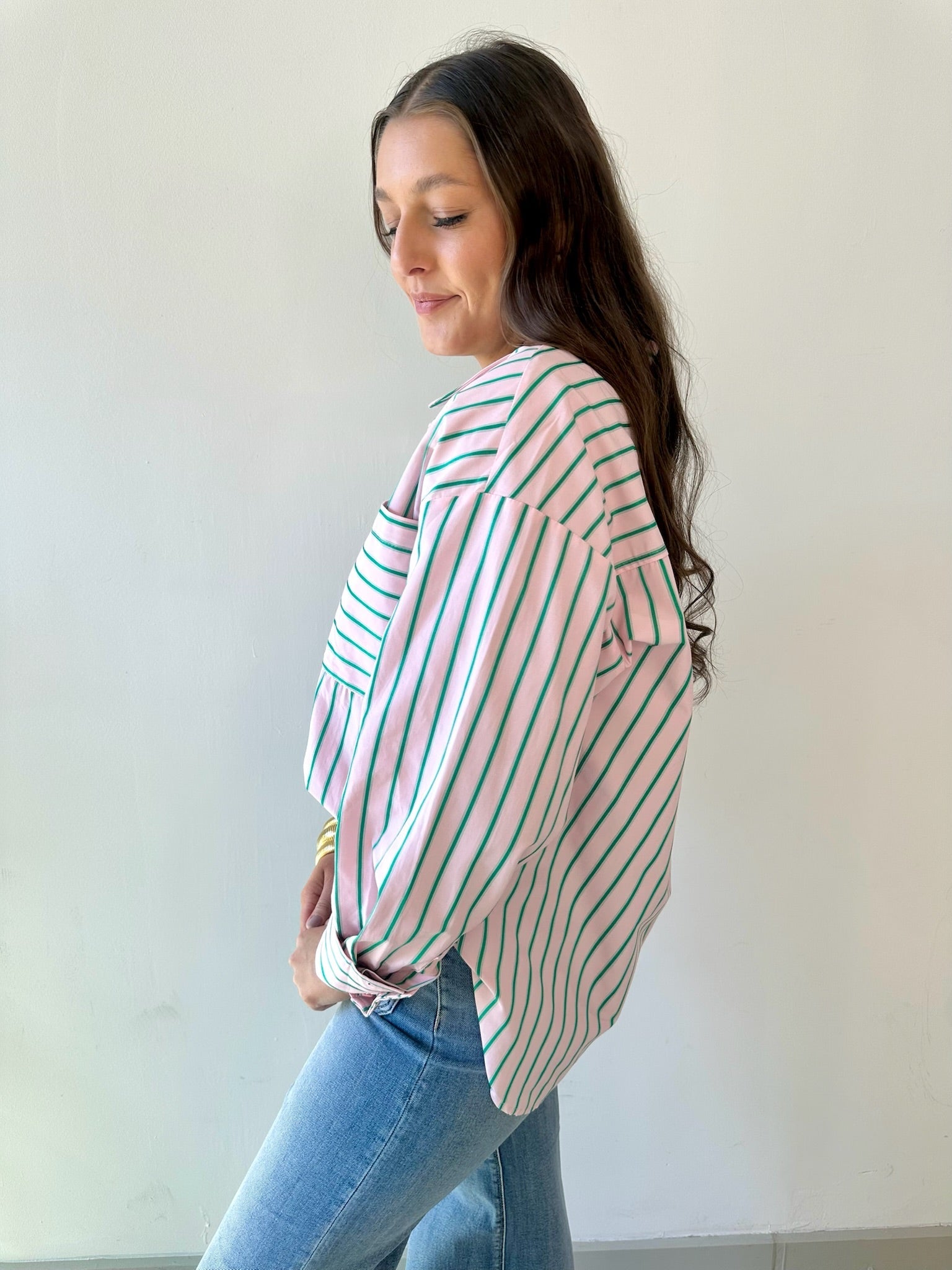 Striped Pink & Green Button Down Top