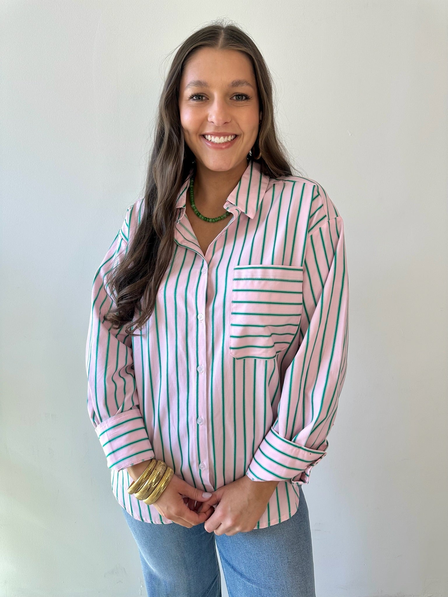 Striped Pink & Green Button Down Top