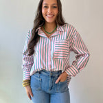 Striped Pink & Green Button Down Top