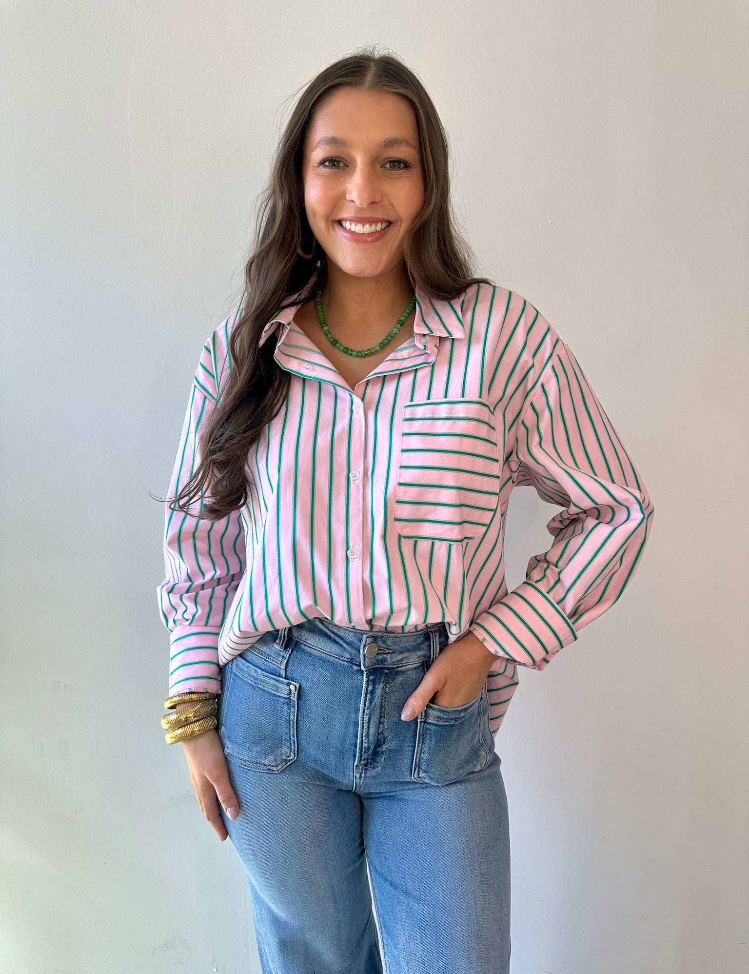 Striped Pink & Green Button Down Top