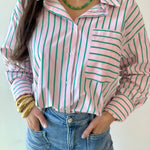 Striped Pink & Green Button Down Top