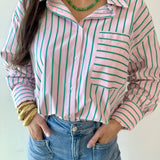 Striped Pink & Green Button Down Top