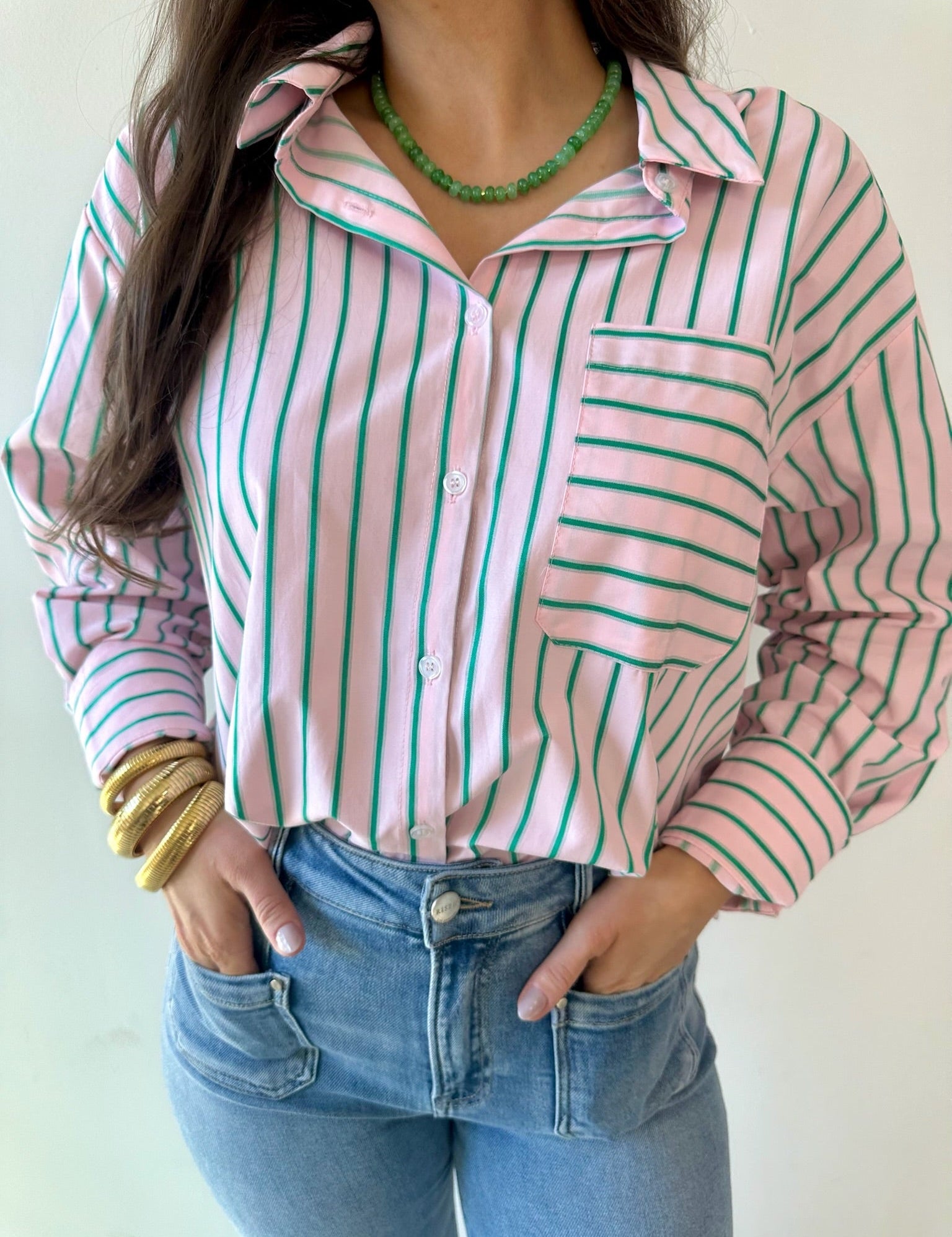 Striped Pink & Green Button Down Top