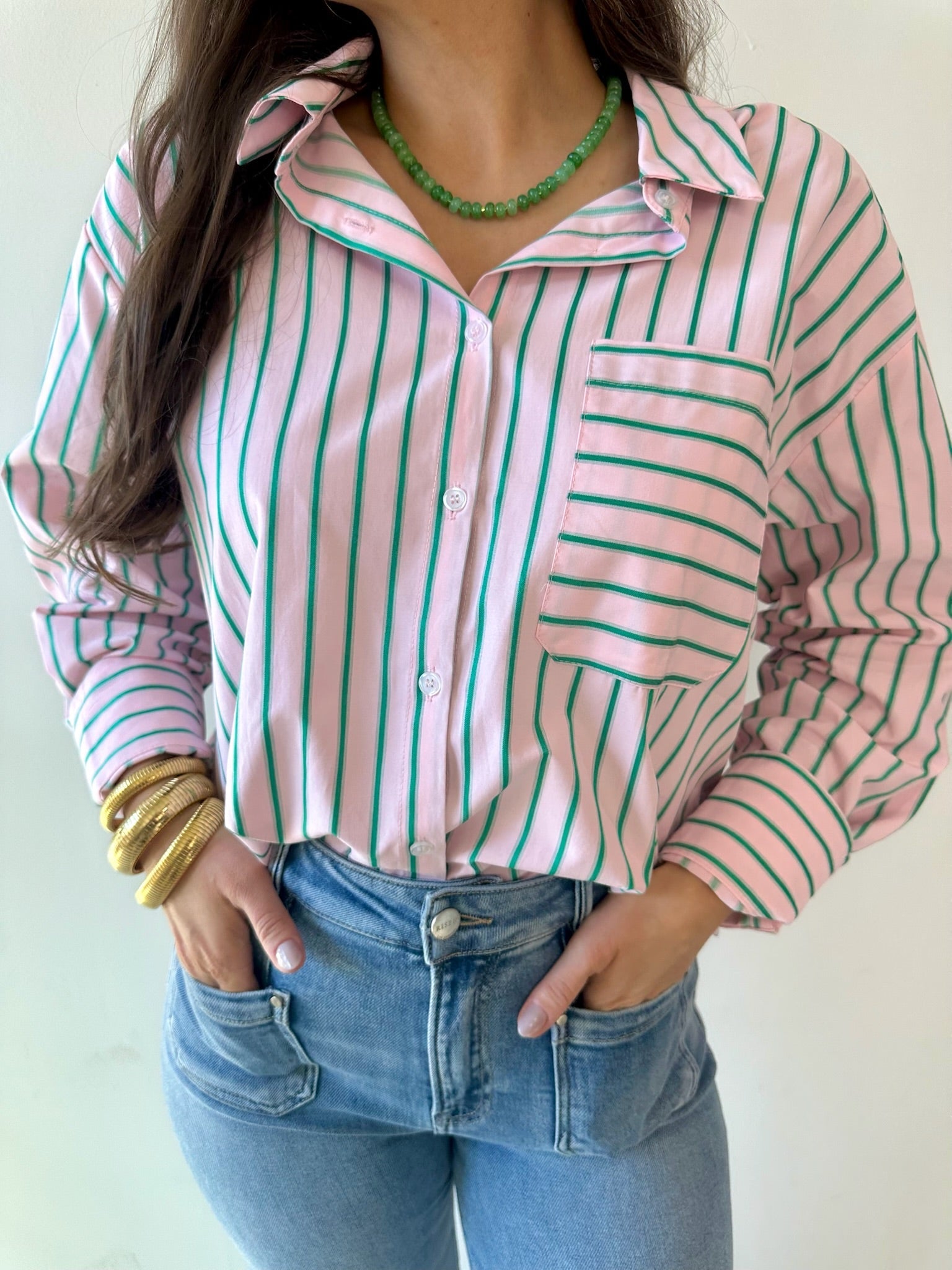 Striped Pink & Green Button Down Top